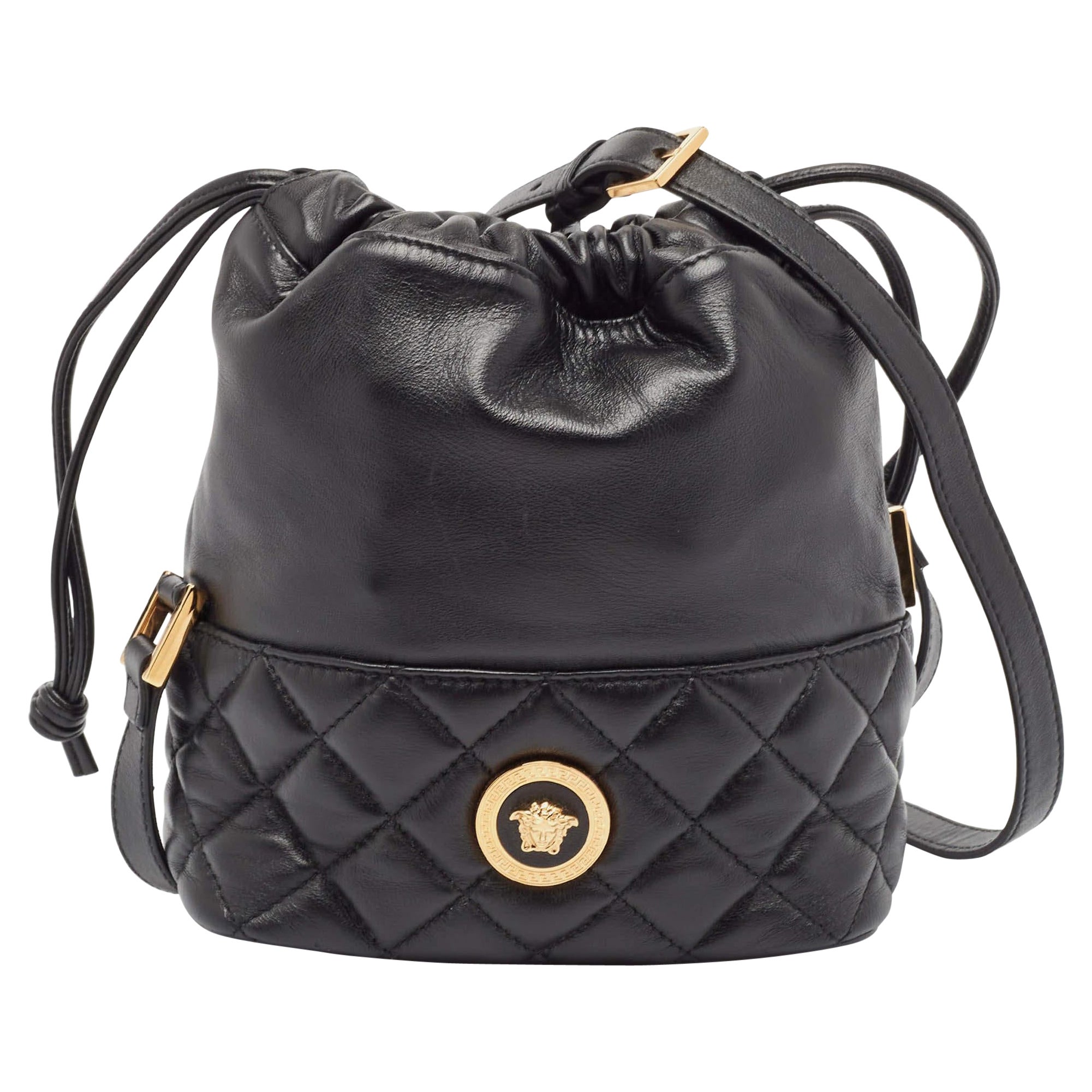 Versace Black Quilted Leather Medusa Drawstring Bucket Bag