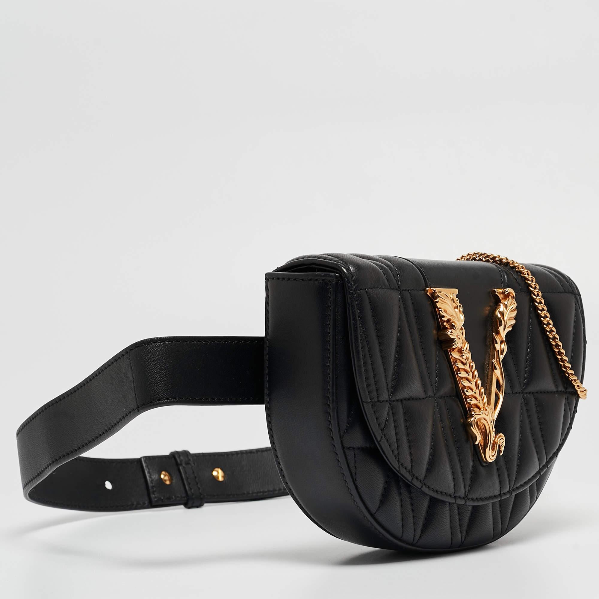 Women's Versace Black Quilted Leather Virtus Belt Bag