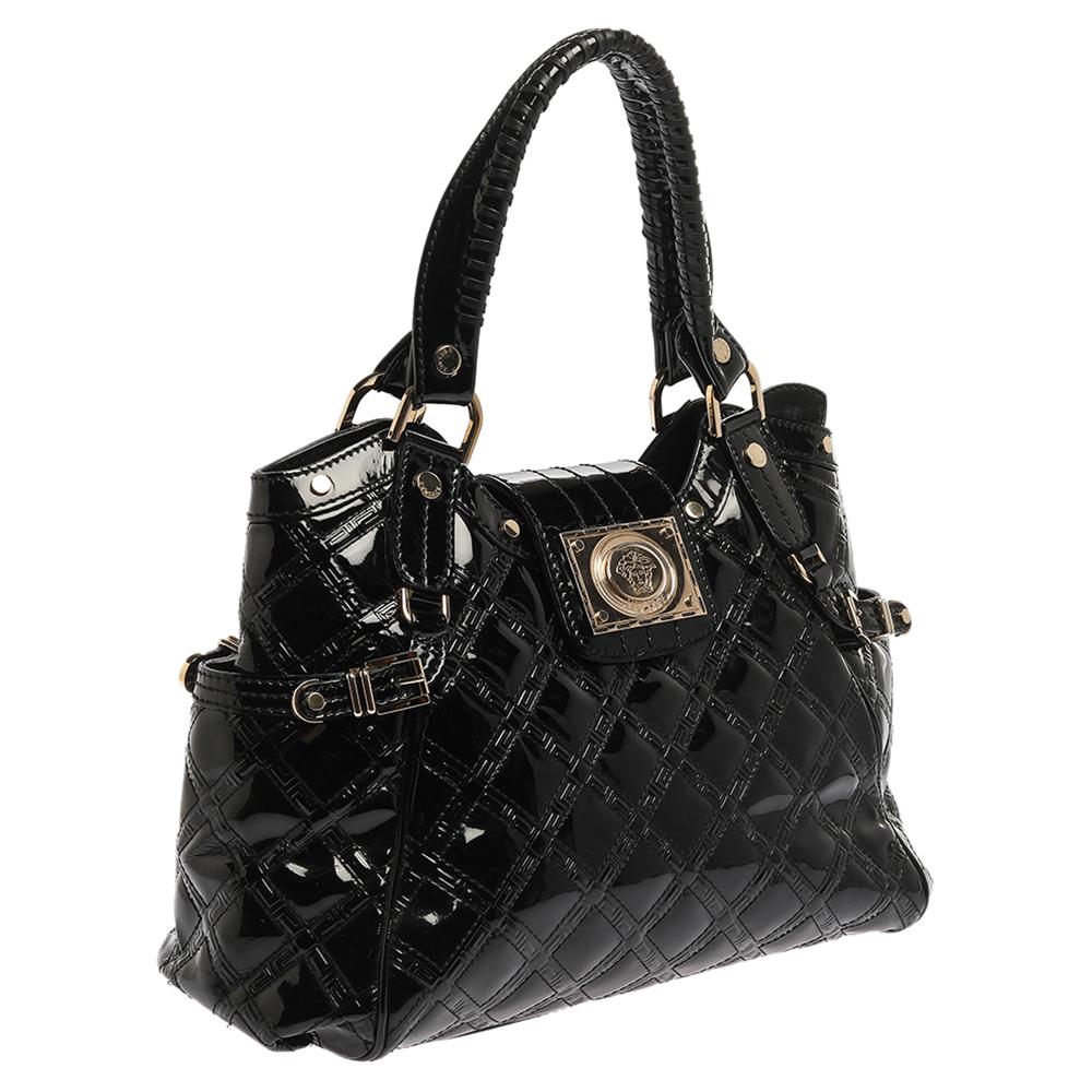 Versace Black Quilted Patent Leather Satchel In Good Condition In Dubai, Al Qouz 2