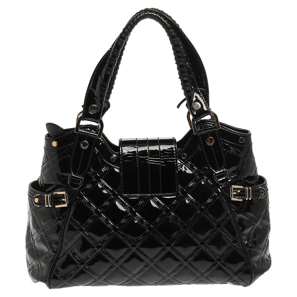 Women's Versace Black Quilted Patent Leather Satchel