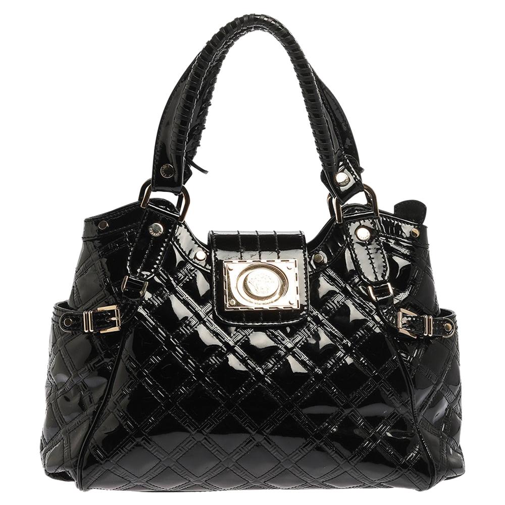 Versace Black Quilted Patent Leather Satchel