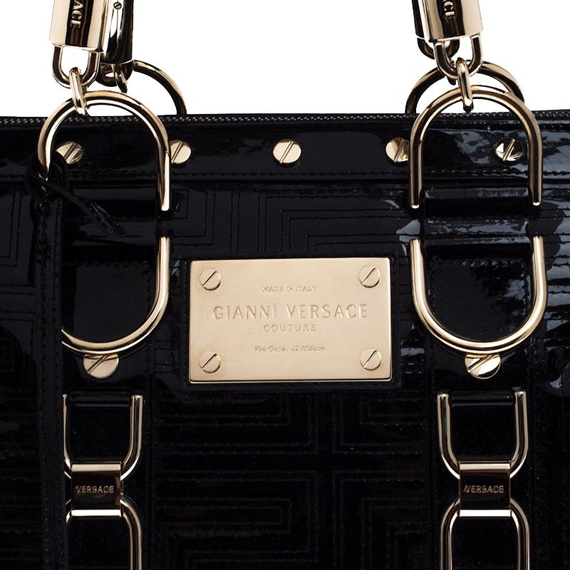 Versace Black Quilted Patent Leather Snap Out Of It Satchel 5