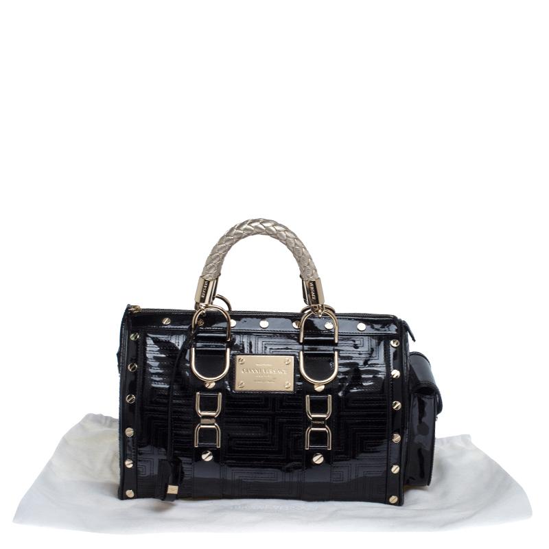 Versace Black Quilted Patent Leather Snap Out Of It Satchel 6