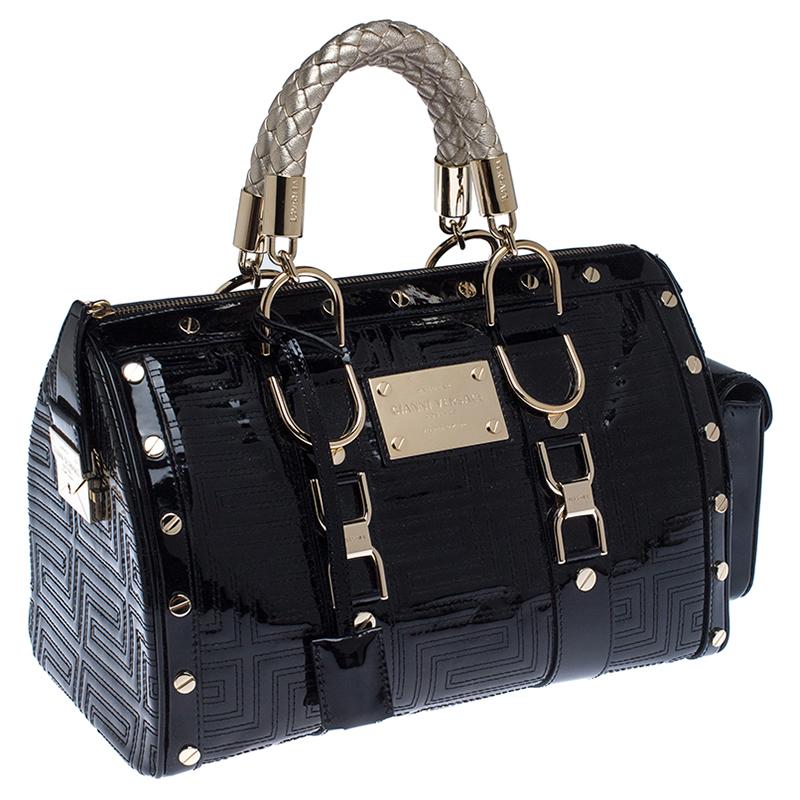 Versace Black Quilted Patent Leather Snap Out Of It Satchel 3