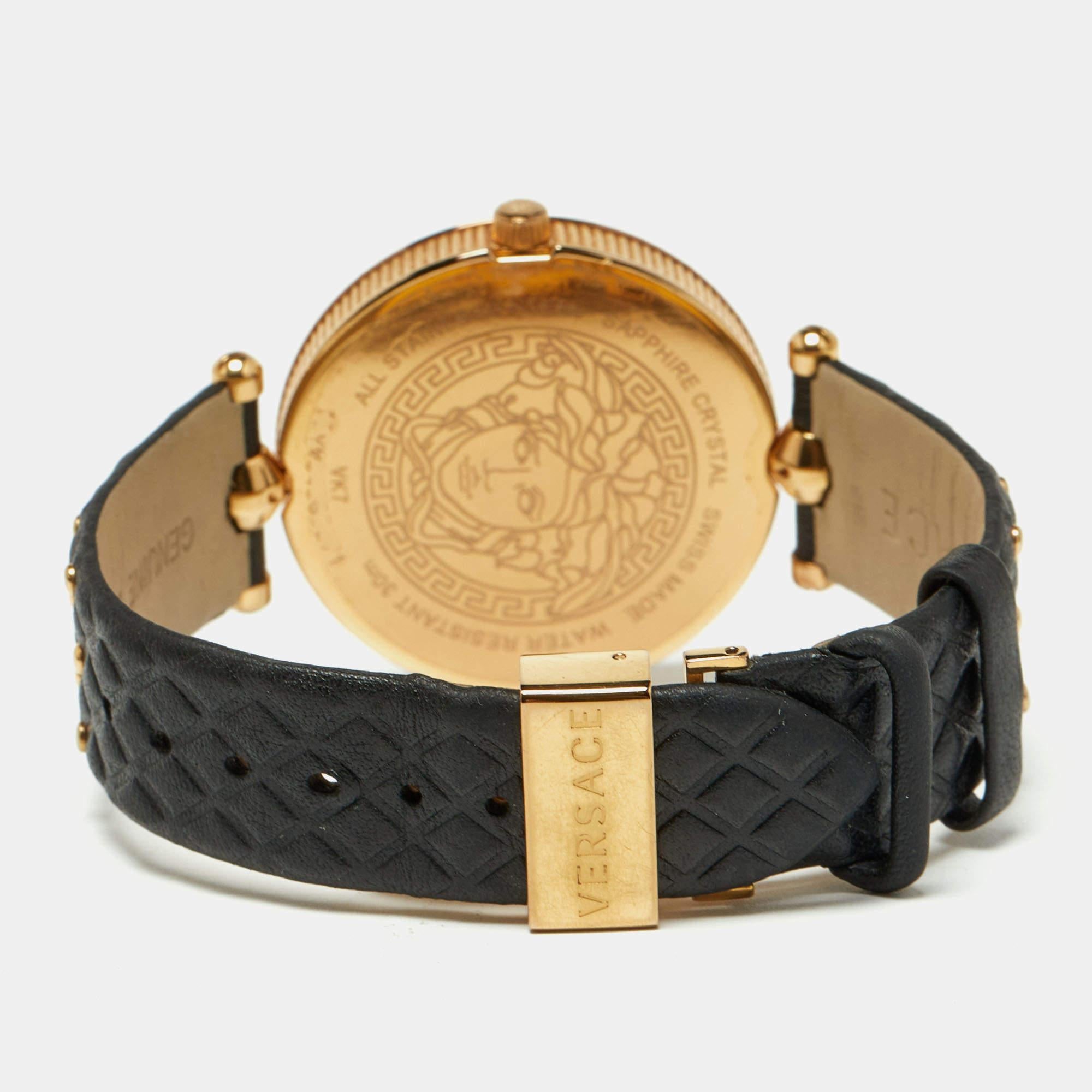A fine piece of accessory to pair with both your daytime casuals as well as evening looks, this Versace Vanitas wristwatch is a must-have. An exemplar of the label's fine artistry, this watch come made in gold-plated stainless steel and