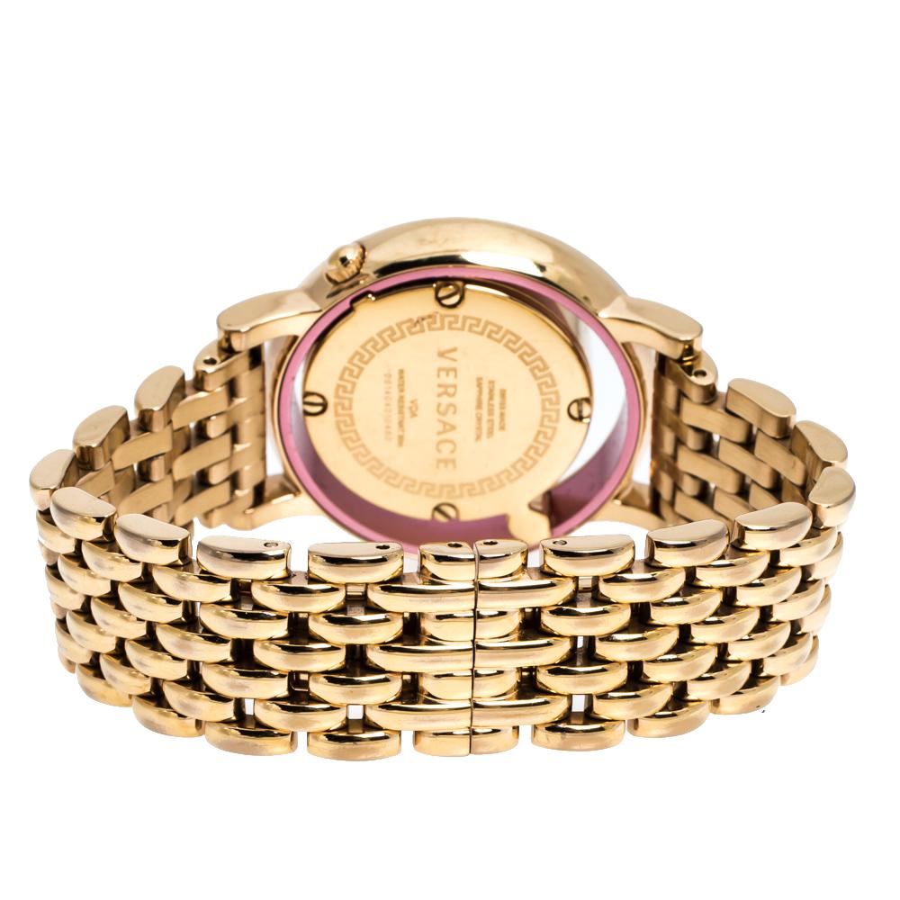 This beautiful timepiece from the house of Versace is sure to be a conversation starter with its eclectic and eye-catching design. Constructed in rose gold-plated stainless steel, this Venus watch features a transparent panel on the case which holds