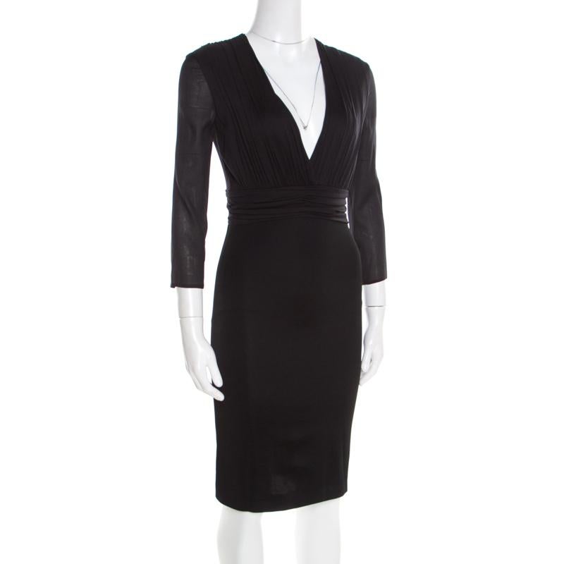 Versace Black Ruched Bodice Long Sleeve Fitted Cocktail Dress S In Good Condition In Dubai, Al Qouz 2