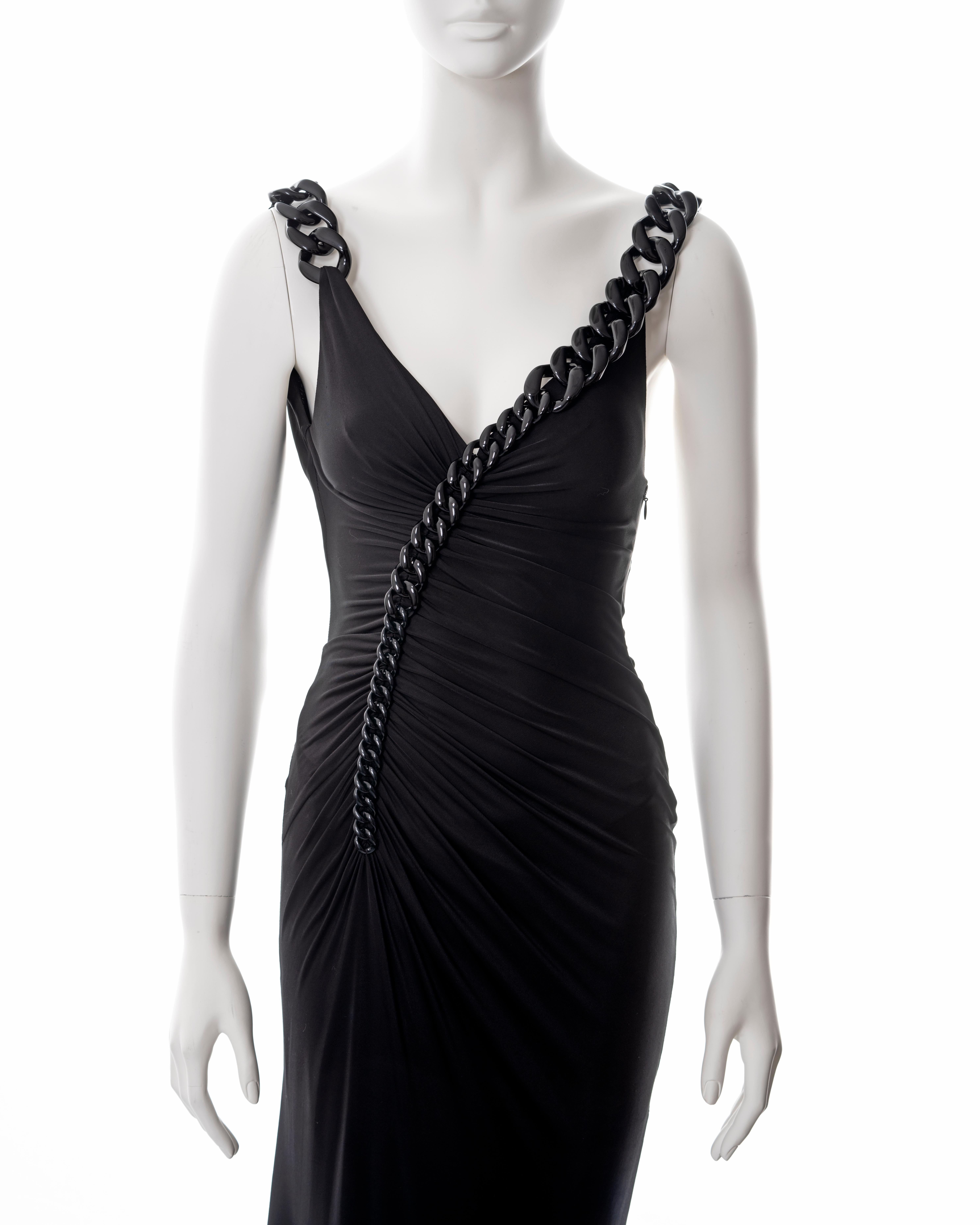 Versace black ruched evening dress with chain shoulder straps, fw 2007 In Excellent Condition For Sale In London, GB