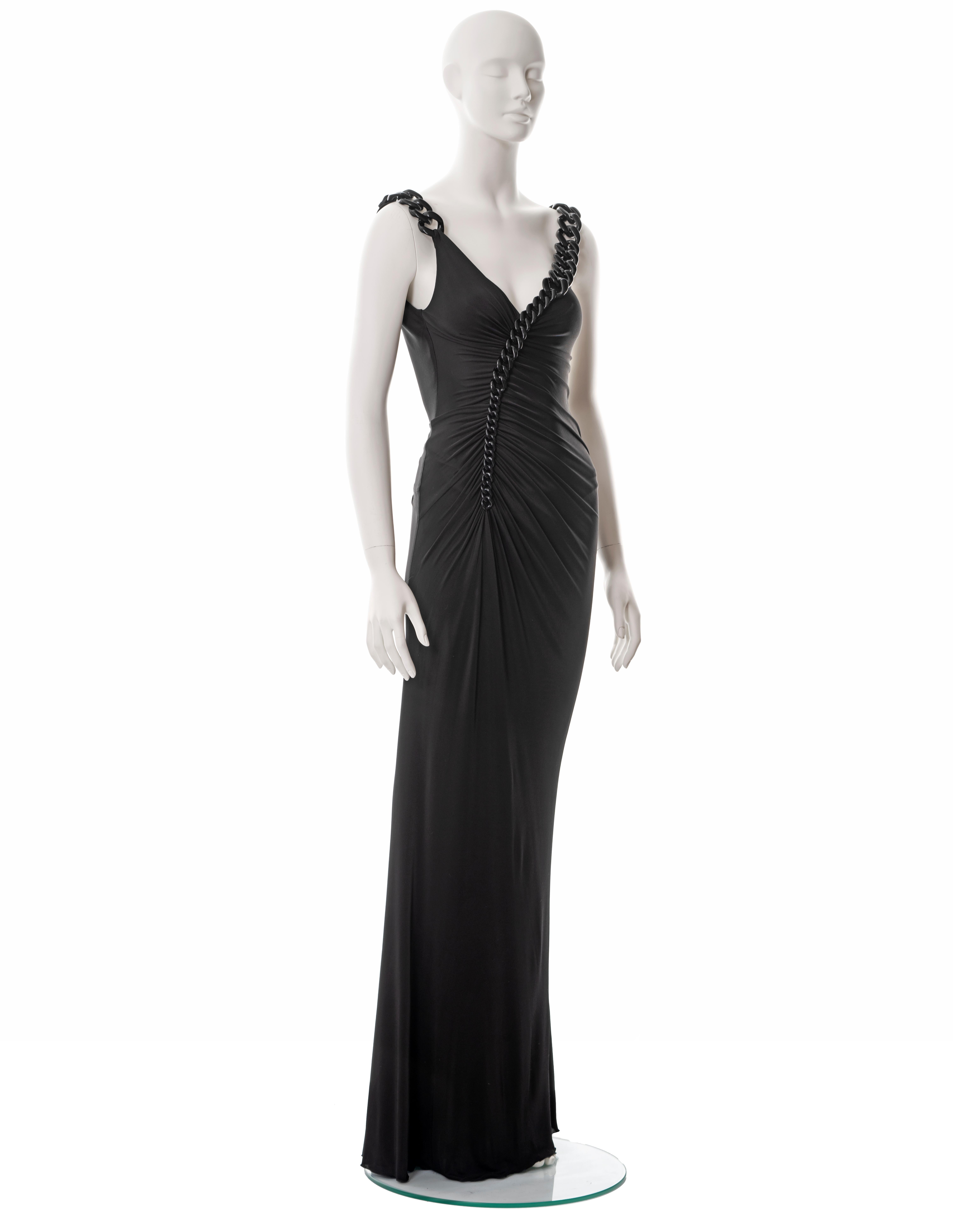Versace black ruched evening dress with chain shoulder straps, fw 2007 For Sale 1