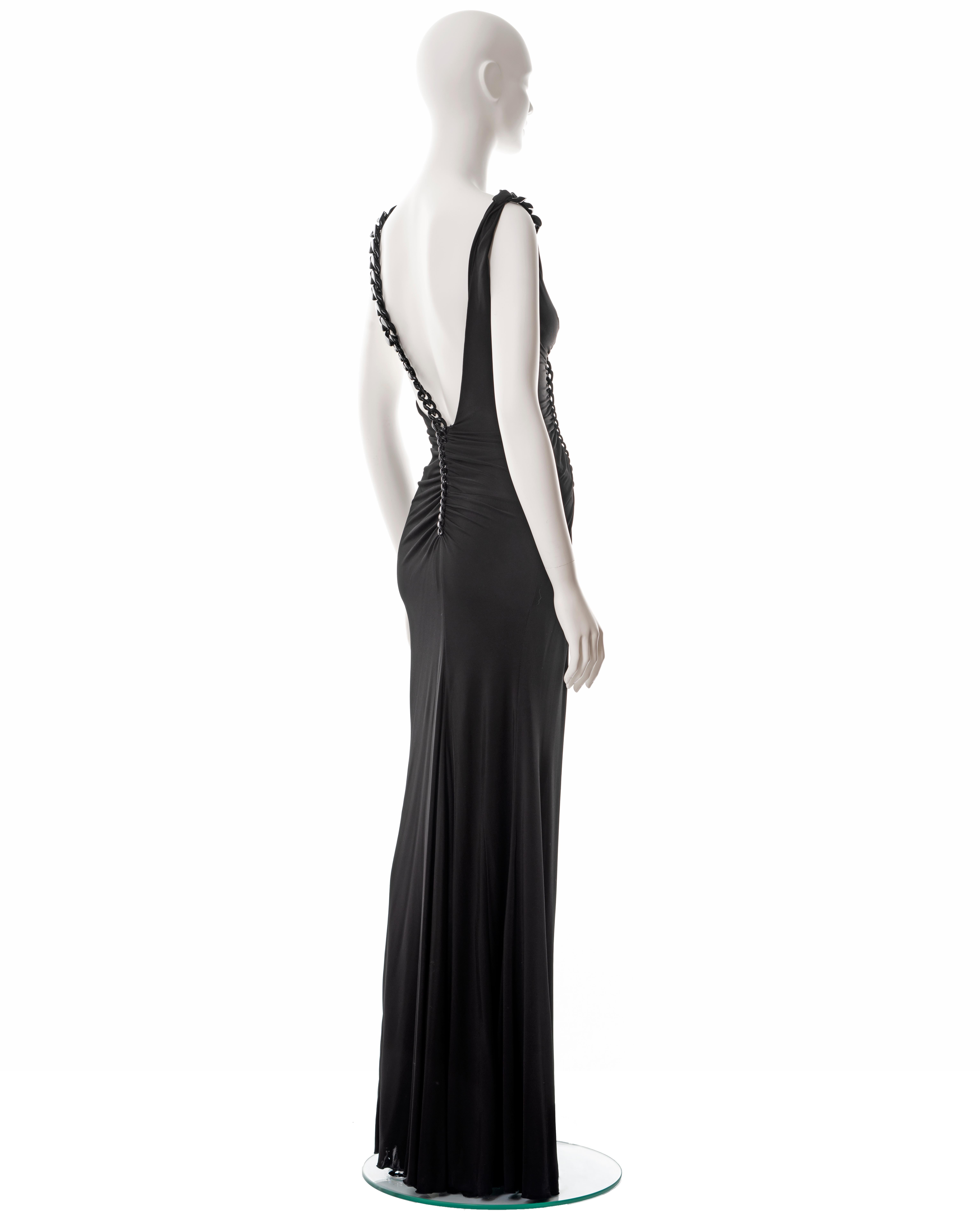 Versace black ruched evening dress with chain shoulder straps, fw 2007 For Sale 4