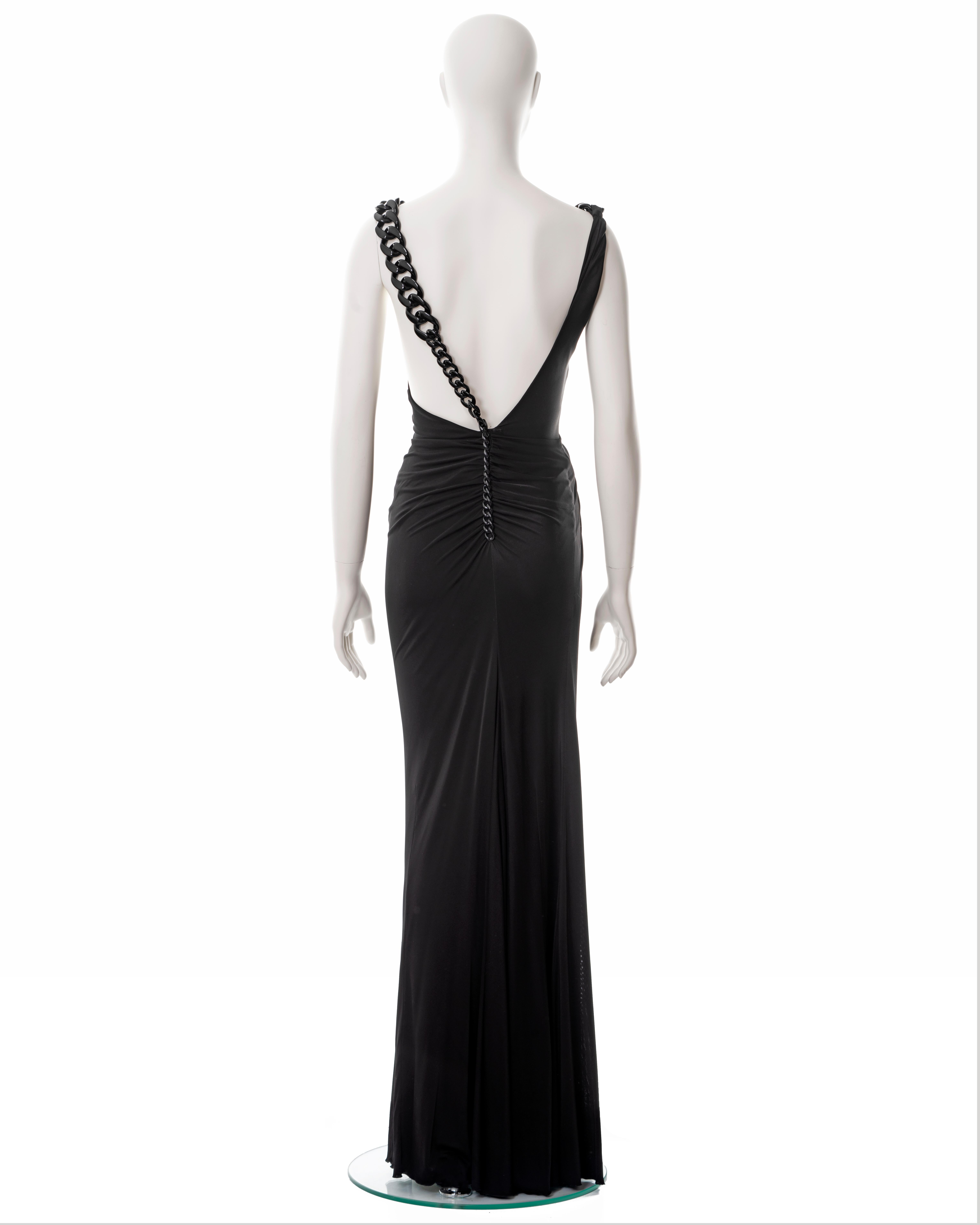 Versace black ruched evening dress with chain shoulder straps, fw 2007 For Sale 5