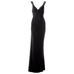 Versace abito da sera nero increspato con spalline a catena, fw 2007