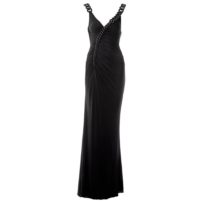 versace black dress with chains ruched evening chain shoulder straps, fw 2007 This alluring Versace cocktail