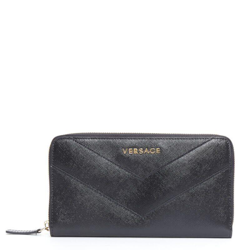 VERSACE black saffiano leather gold logo V stitch continental long wallet For Sale