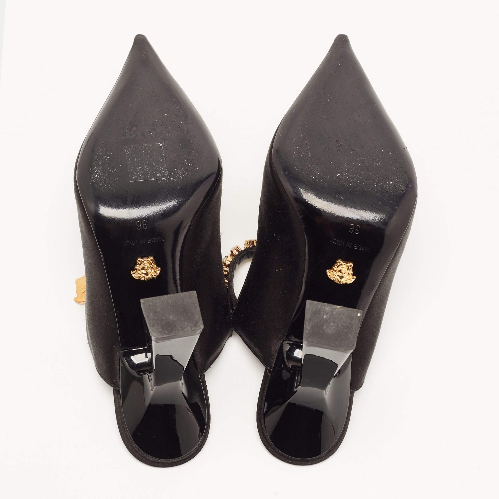Versace Black Satin Crystal Embellished Pointed Toe Mules Size 36 For Sale 3