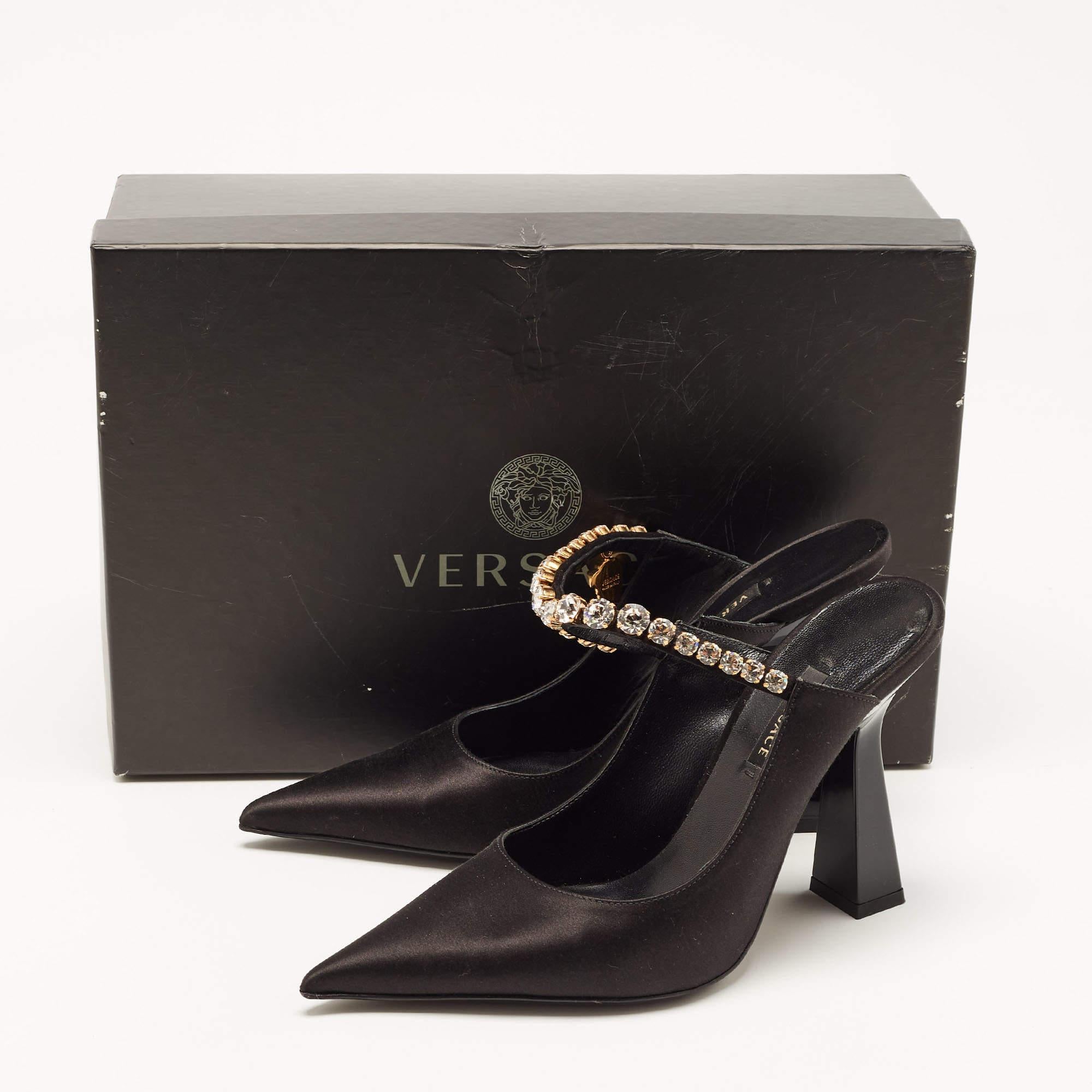 Versace Black Satin Crystal Embellished Pointed Toe Mules Size 36 For Sale 4