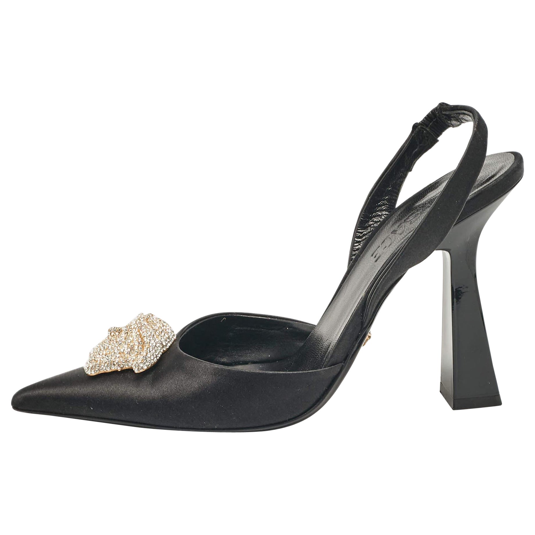 Versace Black Satin Crystal La Medusa Slingback Pumps Size 36