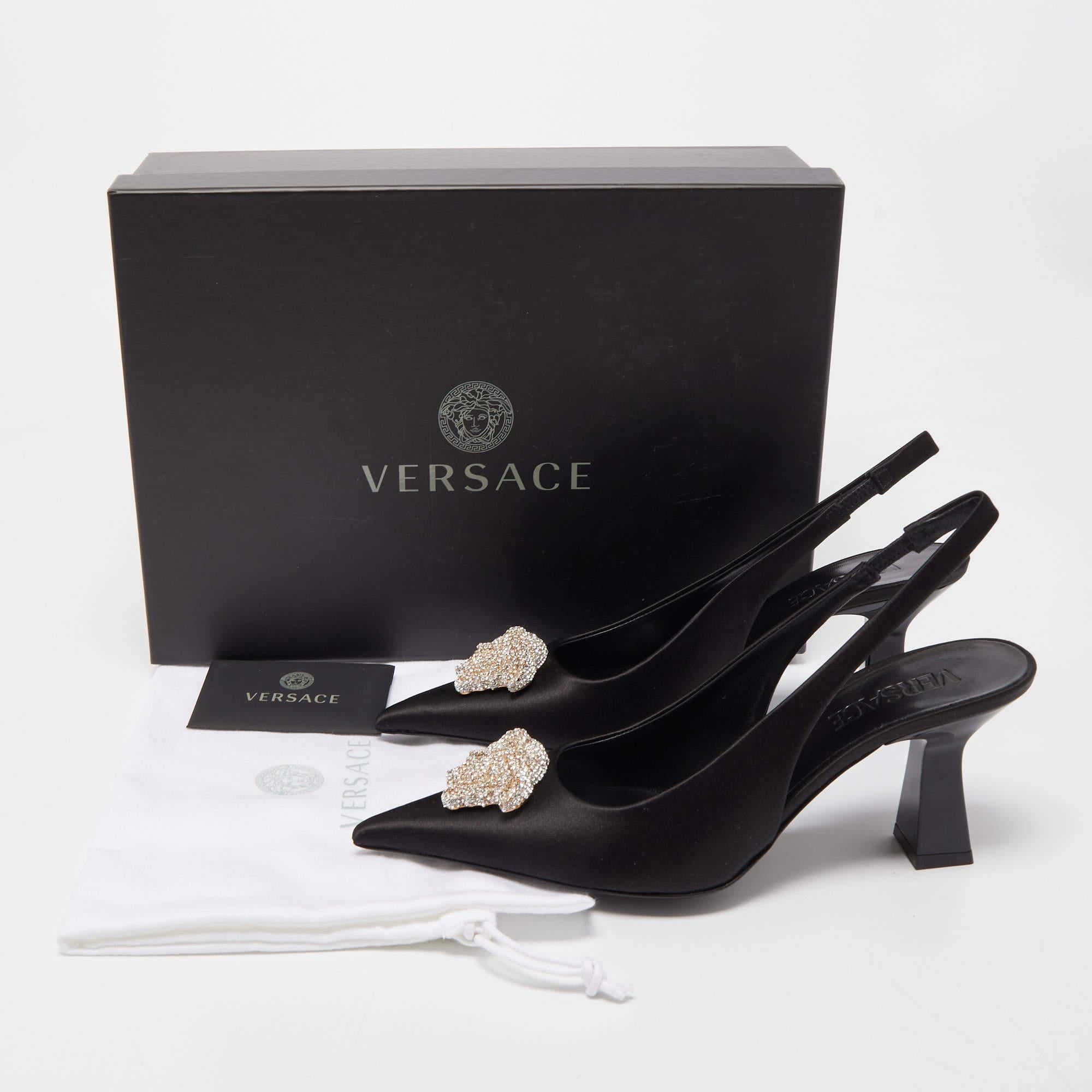 Versace Black Satin Crystal La Medusa Slingback Pumps Size 37 4