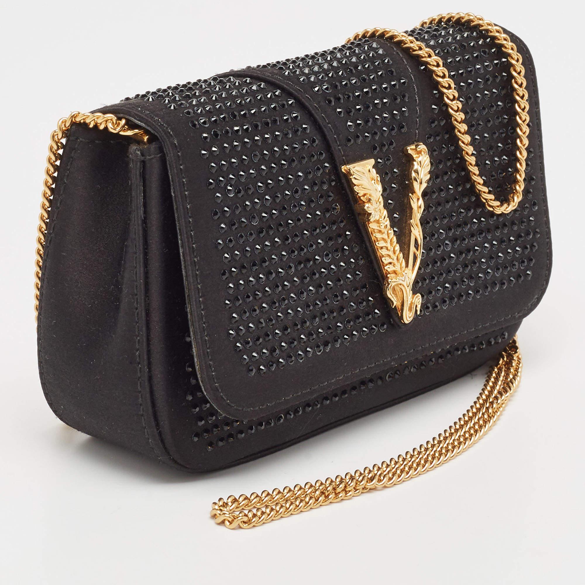 Versace Black Satin Virtus Barroco Crystals Chain Bag 8