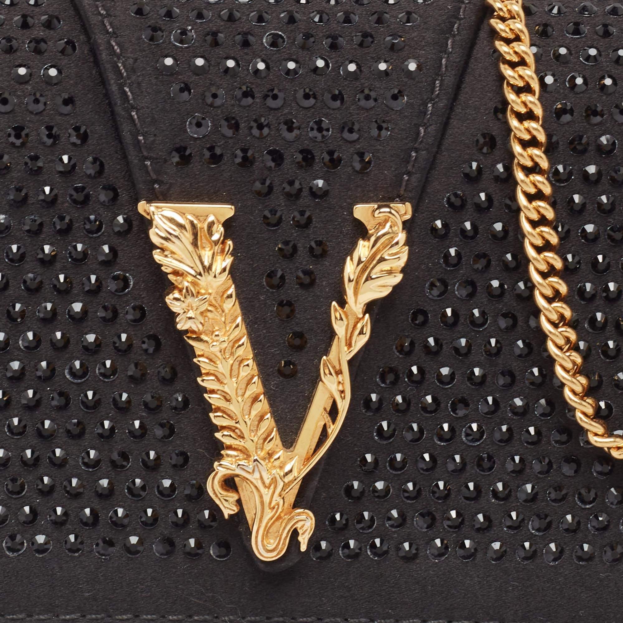 Versace Black Satin Virtus Barroco Crystals Chain Bag 4