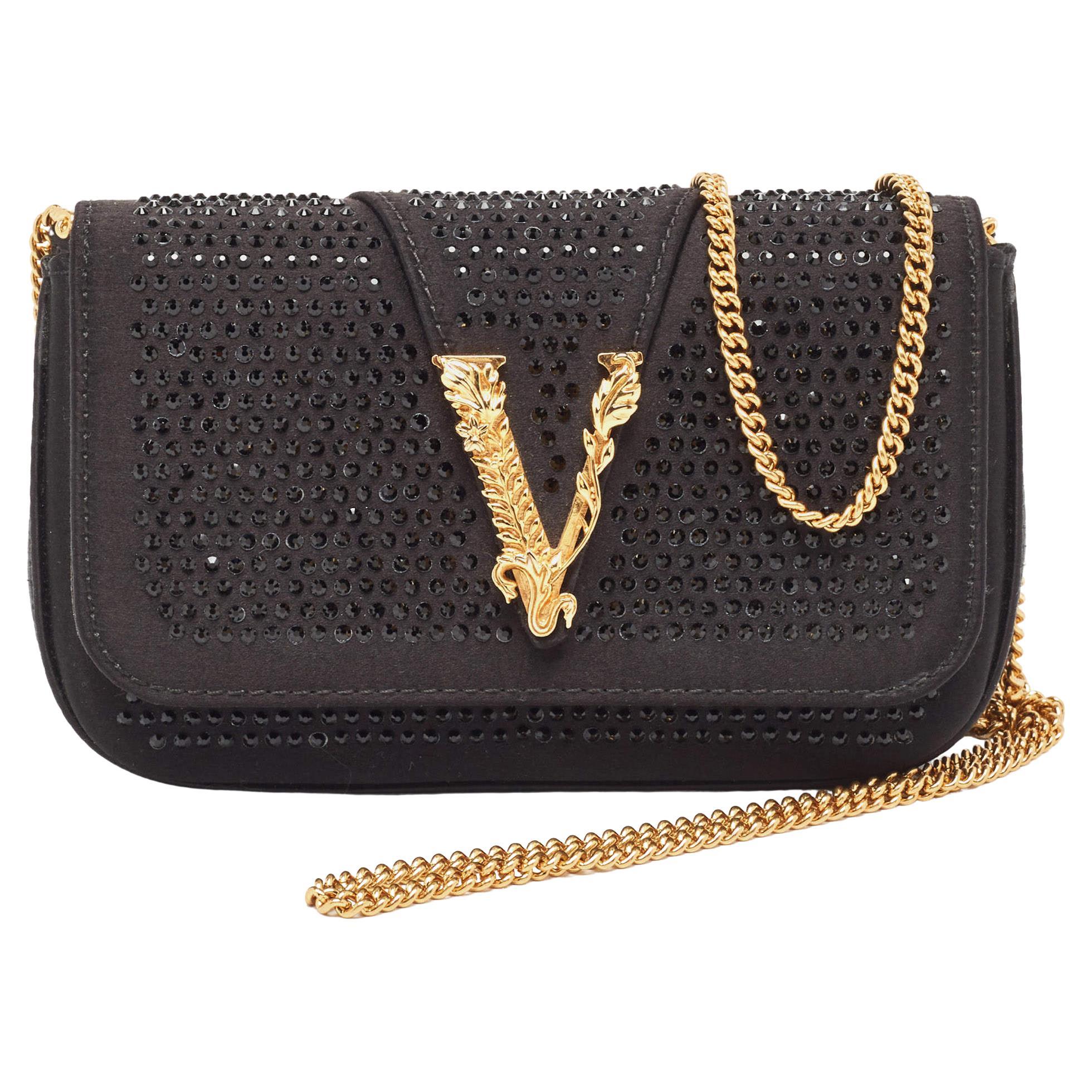 Versace Black Satin Virtus Barroco Crystals Chain Bag