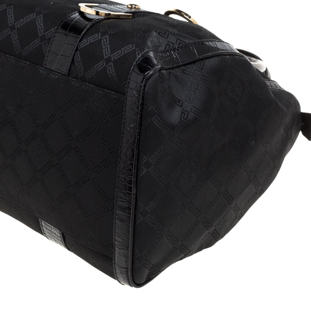 Versace Black Signature Fabric and Croc Embossed Leather Boston Bag 6