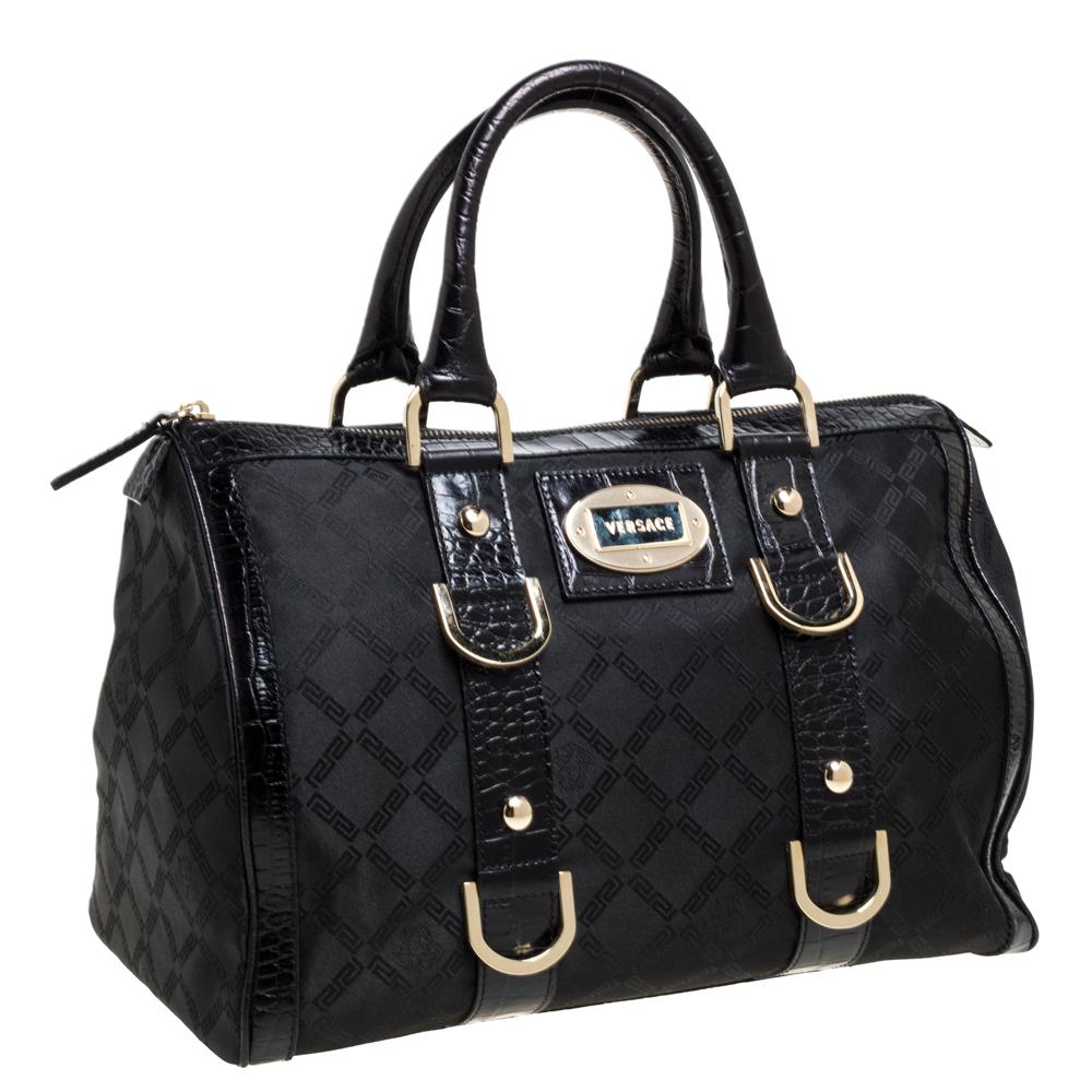 Versace Black Signature Fabric and Croc Embossed Leather Boston Bag In Good Condition In Dubai, Al Qouz 2