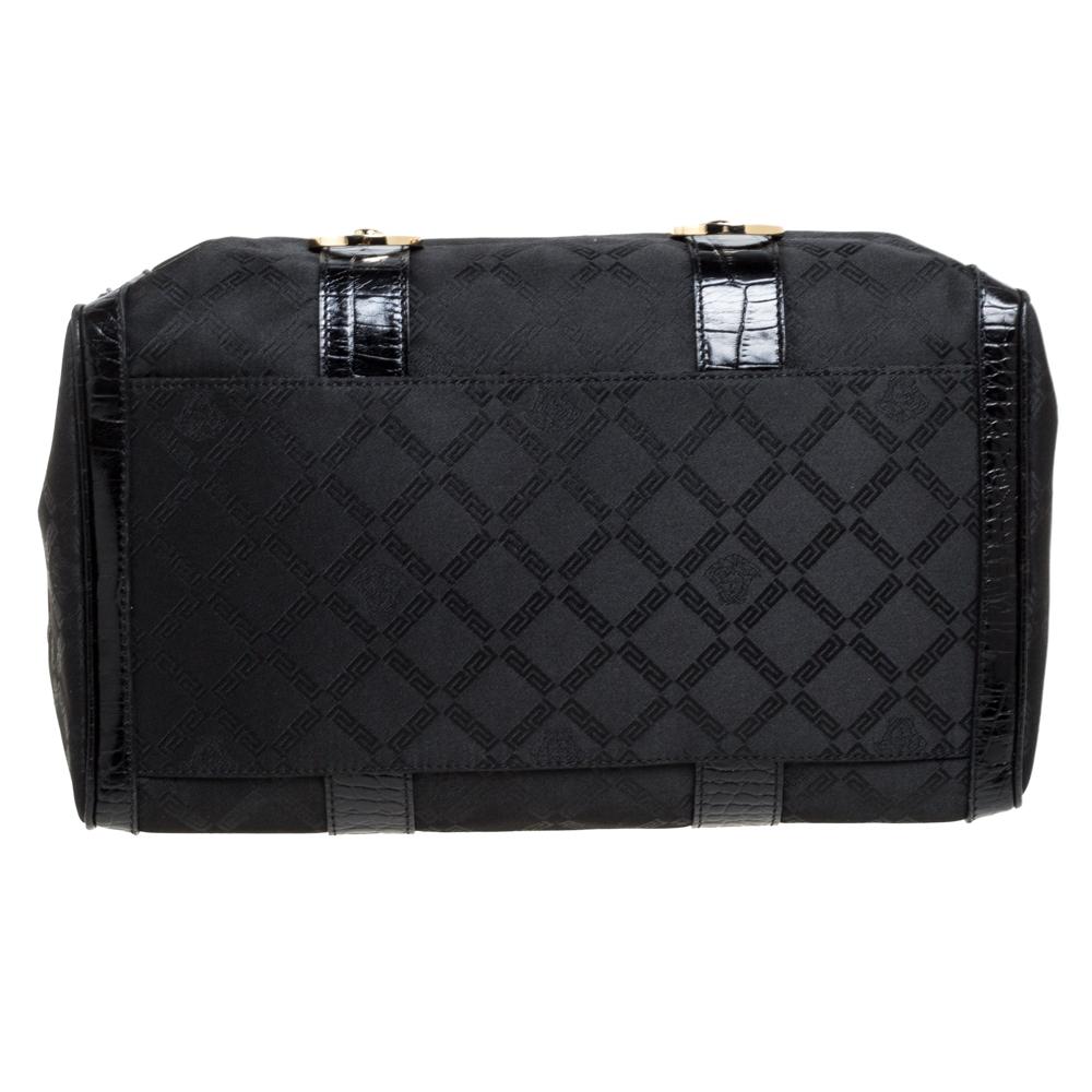 Women's Versace Black Signature Fabric and Croc Embossed Leather Boston Bag