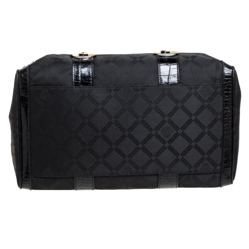 Versace Black Signature Fabric and Croc Embossed Leather Boston Bag 1