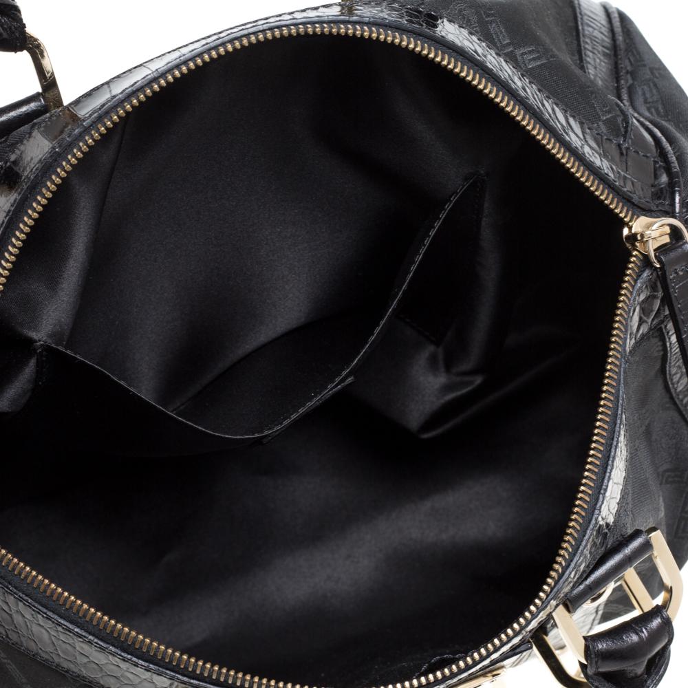Versace Black Signature Fabric and Croc Embossed Leather Boston Bag 2