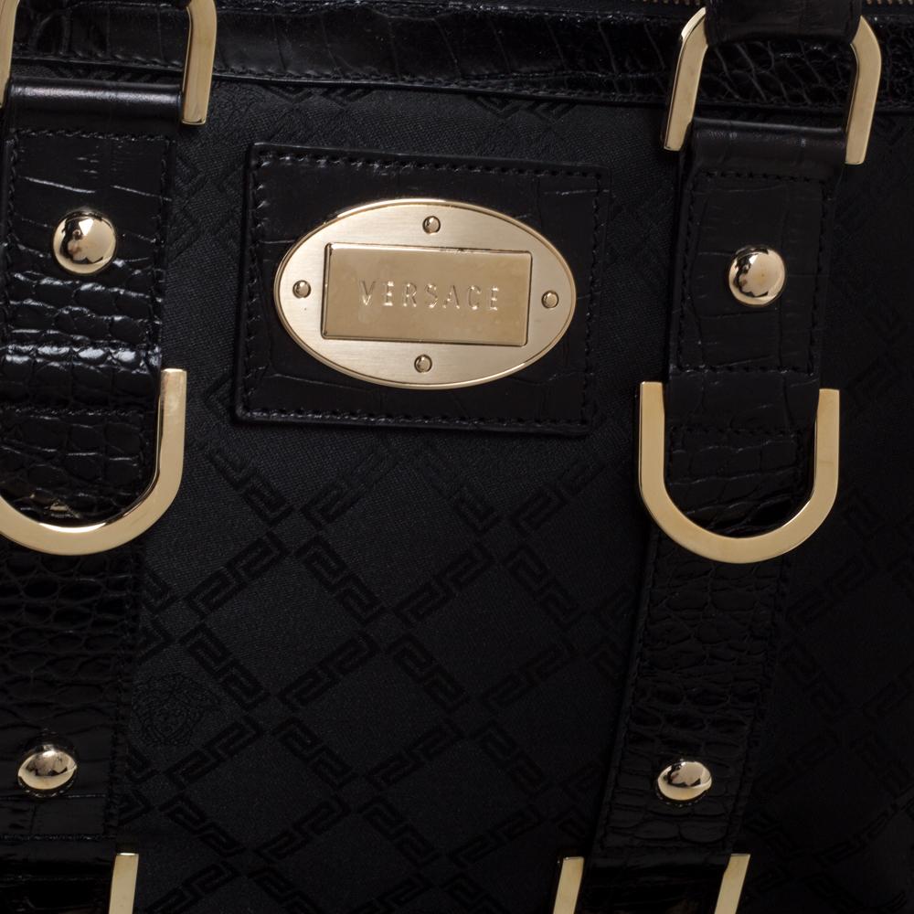 Versace Black Signature Fabric and Croc Embossed Leather Boston Bag 4