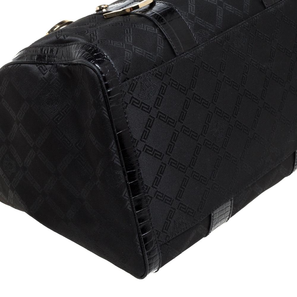 Versace Black Signature Fabric and Croc Embossed Leather Boston Bag 4