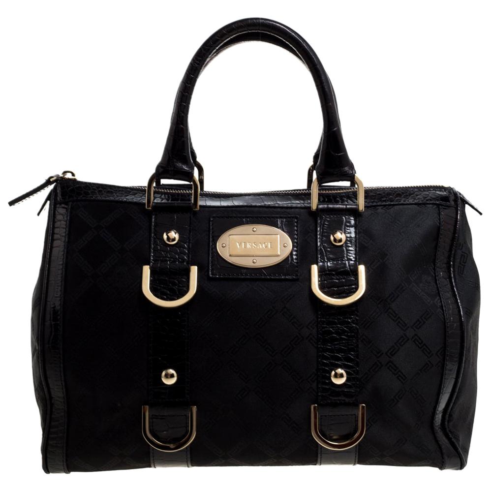 Versace Black Signature Fabric and Croc Embossed Leather Boston Bag