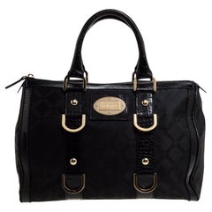 Versace Black Signature Fabric and Croc Embossed Leather Boston Bag