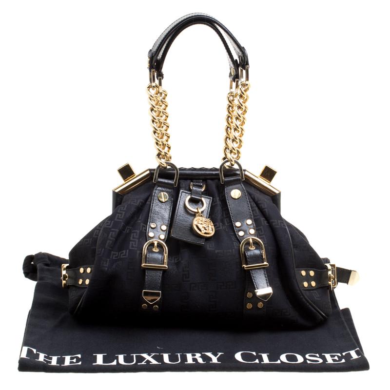 Versace Black Signature Fabric and Leather Madonna Boston Bag 4