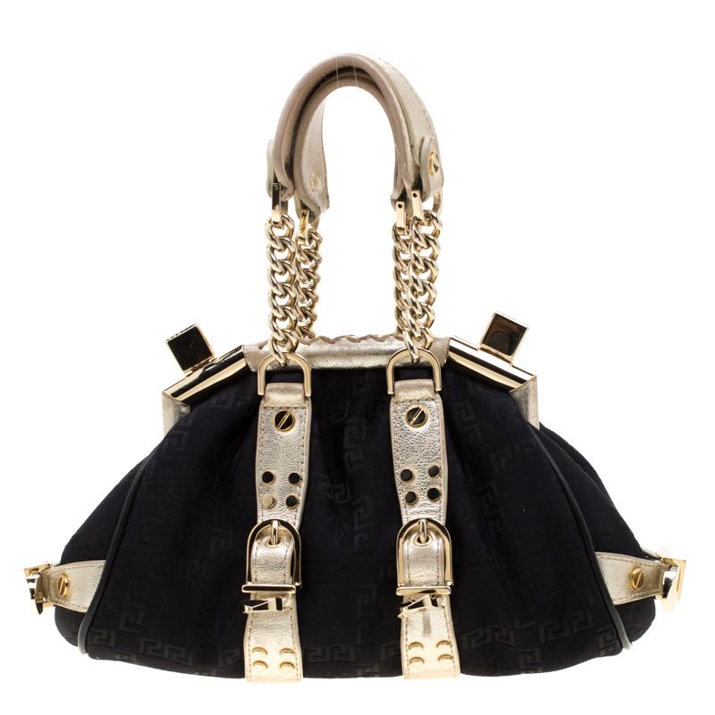 Versace Black Signature Fabric and Leather Madonna Boston Bag In Good Condition In Dubai, Al Qouz 2