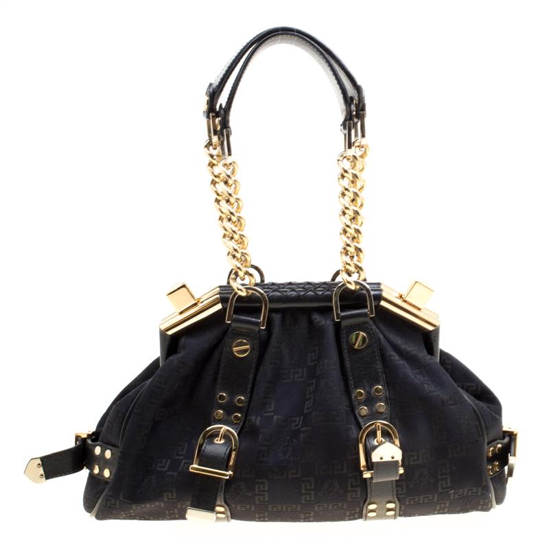 Versace Black Signature Fabric and Leather Madonna Boston Bag
