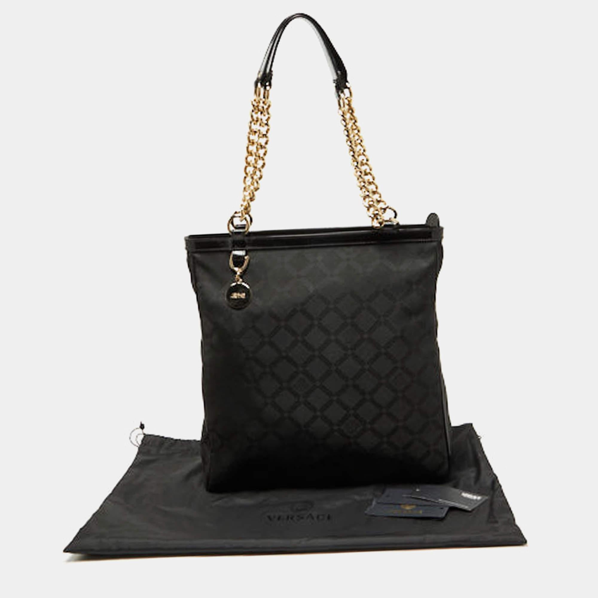 Versace Black Signature Fabric and Patent Leather Shopper Chain Tote 7