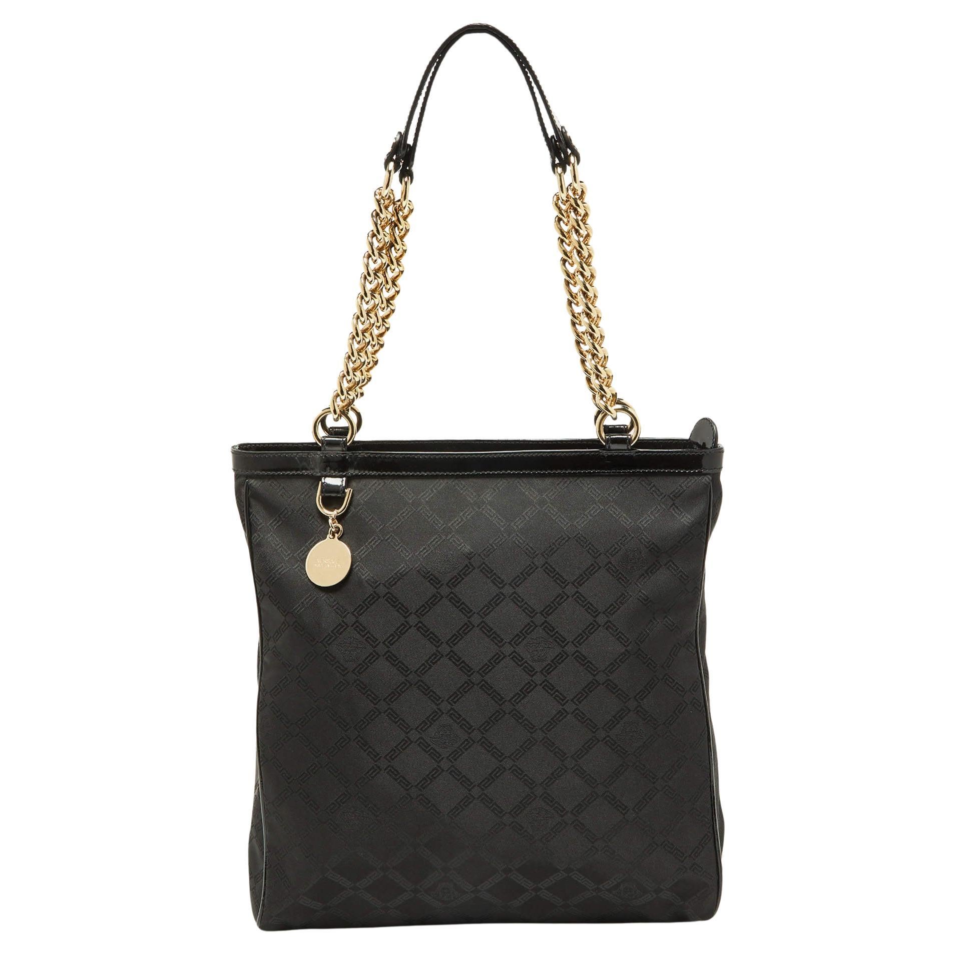 Versace Black Signature Fabric and Patent Leather Shopper Chain Tote