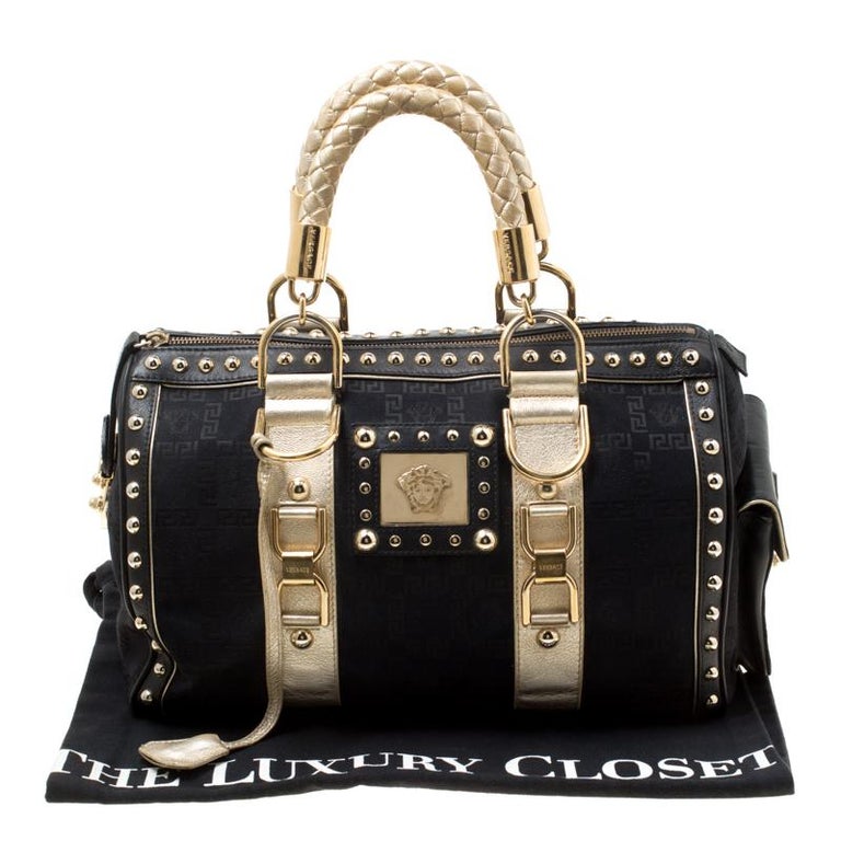 Versace Black Signature Fabric Studded Snap Out Of It Satchel For Sale ...