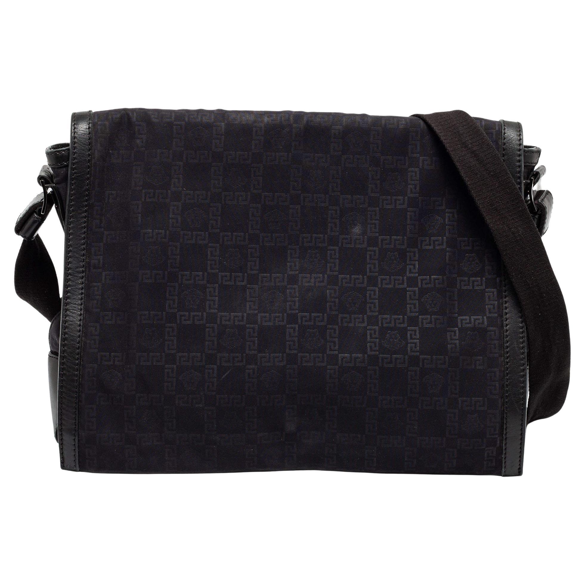 Versace Black Signature Nylon Messenger Bag For Sale