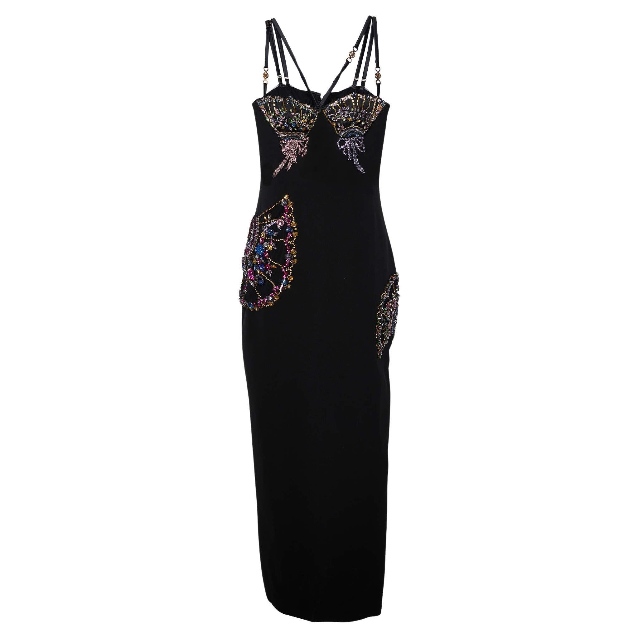 Versace Black Silk Crepe Crystal Embellished Strap Gown M For Sale