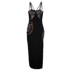 Versace Schwarzer Seidenkrepp mit kristallverzierten Trägern Kleid M
