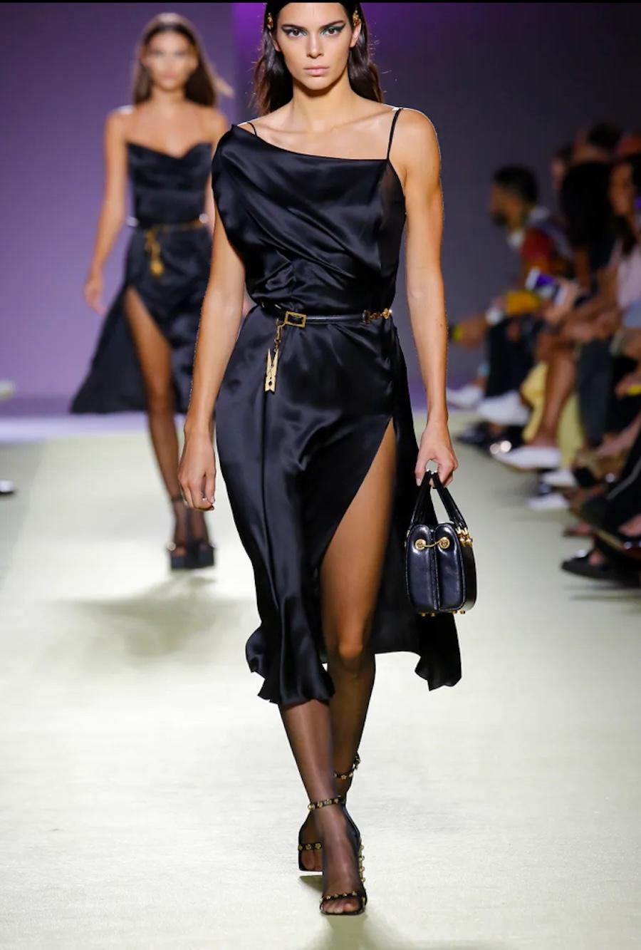 Versace SS19 Black Silk Satin Double Asymmetric Dress For Sale 5