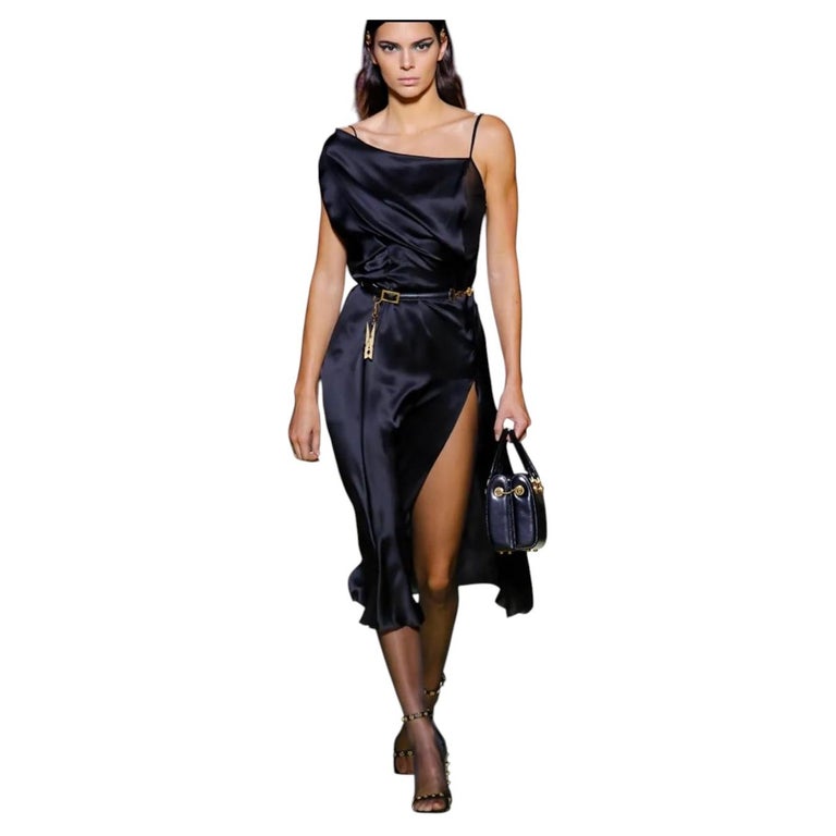 Versace Spring 2019 Black Silk Satin Double Asymmetric Dress For Sale at 1stDibs
