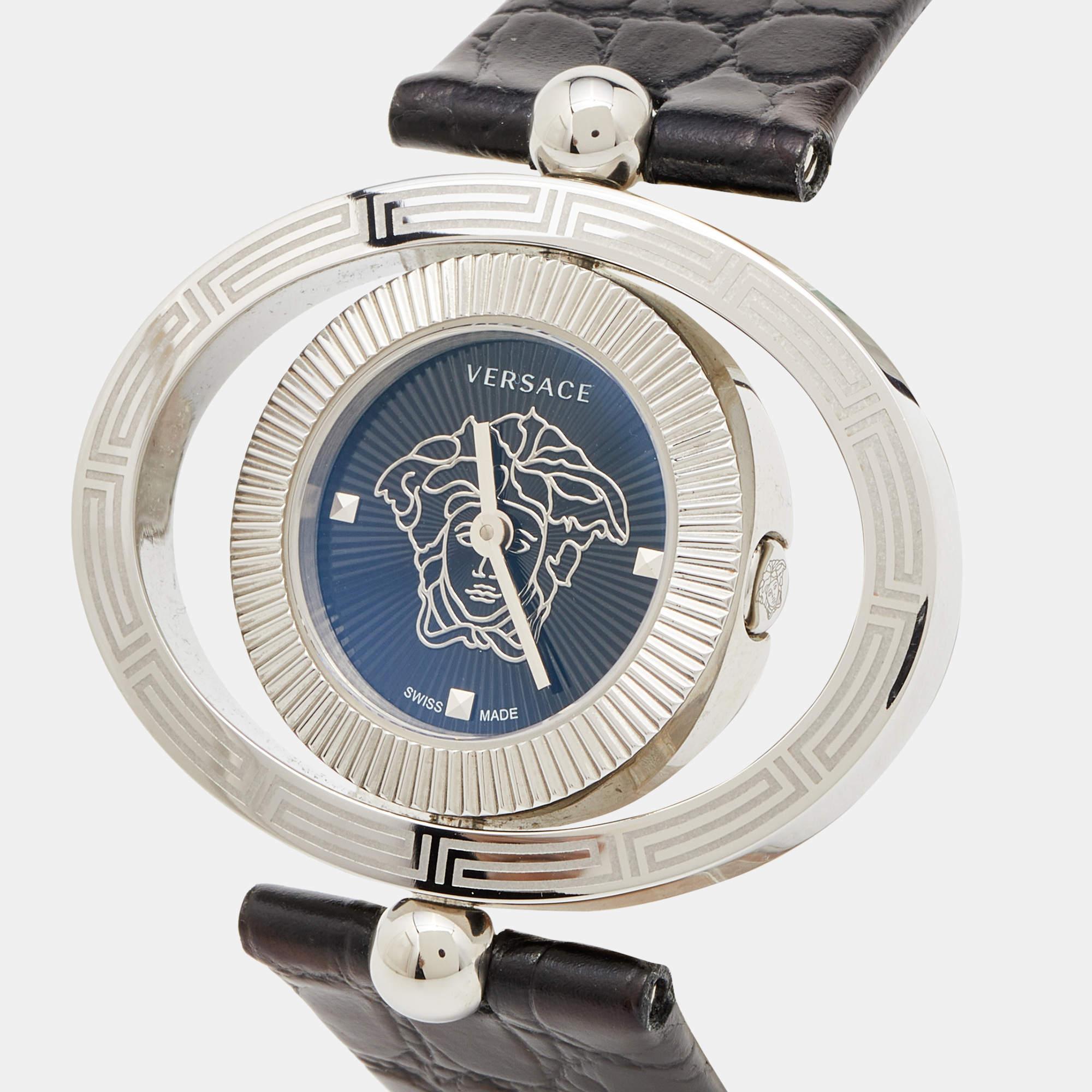 Flaunt your elegant style with this luxe wristwatch from Versace. This Eon wristwatch, created from stainless steel, is characterized by its unique rotating case design. Following a quartz movement, the watch features a beautiful black dial with the