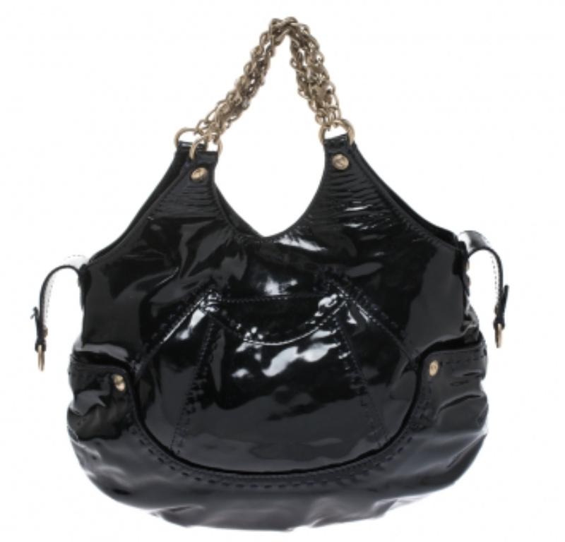 Versace Borsa a tracolla in pelle verniciata con catena Stitch by Stitch neri in vendita 2