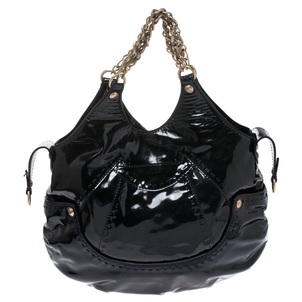 Versace Black Stitches Patent Leather Chain Shoulder Bag