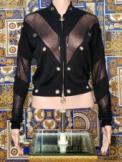 VERSACE BLACK STRETCHY GOLD-TONE MEDUSA HARDWARE ZIP-UP Jacket 42 - 6