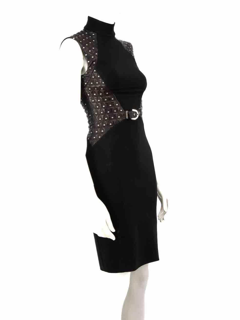 CONDITION is Very good. Hardly any visible wear to dress is evident on this used Versace designer resale item.
 
 
 
 Details
 
 
 Black
 
 Viscose
 
 Dress
 
 Midi
 
 Sleeveless
 
 Leather studded panel
 
 Mock neck
 
 Back zip and hook fastening
